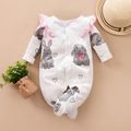 100% Cotton Rabbit Print Footed/footie Long-sleeve Baby Jumpsuit White