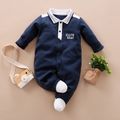 Solid Letter Print Polo Collar Footed/footie Long-sleeve Navy Baby Jumpsuit Dark Blue