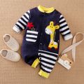 100% Cotton Giraffe Applique Stripe Print Long-sleeve Baby Jumpsuit Dark Blue