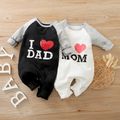 100% Cotton Letter and Heart Print Long-sleeve Baby Jumpsuit White image 1