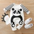 Panda and Stripe Print Long-sleeve White Baby Jumpsuit White image 1
