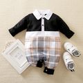 Baby Boy Solid Splicing Plaid Snap-up Lapel Long-sleeve Jumpsuit Black