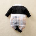 Baby Boy Solid Splicing Plaid Snap-up Lapel Long-sleeve Jumpsuit Black