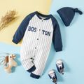 100% Cotton 2pcs Baby Letter Print Striped Splicing Long Raglan Sleeve Jumpsuit with Hat Set White