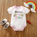 Mother's Day Baby Girl Rainbow and Letter Print Pink Striped Puff-sleeve Romper Pink image 1