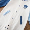 100% Cotton Baby Boy/Girl Cartoon Bear and Letter Embroidered Colorblock Long-sleeve Snap Jumpsuit Light Blue