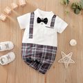 Baby Boy Gentleman Bow Tie Decor Plaid Spliced Short-sleeve Jumpsuit Coffee image 1