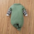 100% Cotton Baby Boy Embroidered Patch Decor Checkered Long-sleeve Snap Jumpsuit Army green