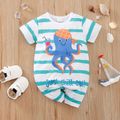 Baby Boy/Girl Cartoon Octopus & Letter Print Striped Short-sleeve Romper Turquoise image 1
