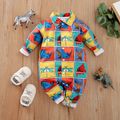 Baby Boy Colorblock Grid Allover Animal Print Long-sleeve Snap Jumpsuit Multi-color