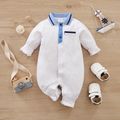 100% Cotton Baby Boy Contrast Collar Long-sleeve Button Front Jumpsuit White image 1