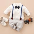 100% Cotton Color Block Lapel Collar Bow Tie Decor Faux-two Long-sleeve Baby Jumpsuit White image 1