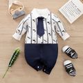 Baby Boy Gentleman Necktie Design Allover Mustache Print Spliced Long-sleeve Jumpsuit Navy image 1