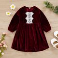 Baby Girl Lace Detail Solid Velvet Long-sleeve Dress Red image 1