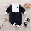 Baby Boy Colorblock Spliced Embroidered Button Front Long-sleeve Jumpsuit Navy image 1