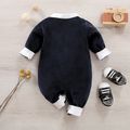 Baby Boy Colorblock Spliced Embroidered Button Front Long-sleeve Jumpsuit Navy image 2