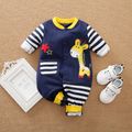 100% Cotton Giraffe Applique Stripe Print Long-sleeve Baby Jumpsuit Dark Blue image 1