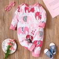 Baby Girl All Over Cartoon Elephant Print Pink Long-sleeve Jumpsuit Pink