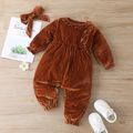 2pcs Solid Ruffle Decor Long-sleeve Baby Jumpsuit Brown image 1