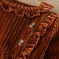 2pcs Solid Ruffle Decor Long-sleeve Baby Jumpsuit Brown image 3