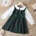 Toddler Girl Doll Collar Bowknot Design Plaid Colorblock Long-sleeve Dress Dark Green