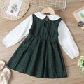Toddler Girl Doll Collar Bowknot Design Plaid Colorblock Long-sleeve Dress Dark Green