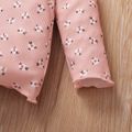 2pcs Baby Girl All Over Floral Print Long-sleeve Ribbed Top and Bell Bottom Pants Set Light Pink