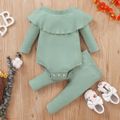 2pcs Baby Girl Solid Ribbed Off Shoulder Long-sleeve Ruffle Romper and Pants Set Green