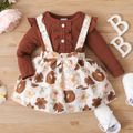 2-piece Baby Girl Ruffled Ribbed Long-sleeve Top and Floral Print Bowknot Design Suspender Skirt Set Coffee