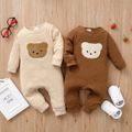 Baby Girl/Boy Bear Embroidered Ribbed Long-sleeve Jumpsuit Brown