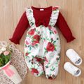 Baby Girl Red Ribbed Long-sleeve Splicing Floral Print Ruffle Jumpsuit Red