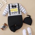 2pcs Baby Boy Gentleman Bow Tie Letter Print Striped Long-sleeve Splicing Black Jumpsuit Set Grey