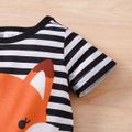 Baby Boy Cartoon Fox Print Black/Striped Short-sleeve Romper Black&White