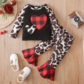Valentine's Day 2pcs Baby Girl Love Heart Design Leopard Raglan-sleeve Top and Plaid Splicing Bell Bottom Pants Set Black