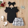 3pcs Baby Girl Black Ribbed Short-sleeve Romper and Tweed Skirt with Headband Set Black image 1