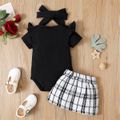 3pcs Baby Girl Black Ribbed Short-sleeve Romper and Tweed Skirt with Headband Set Black image 2