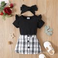 3pcs Baby Girl Black Ribbed Short-sleeve Romper and Tweed Skirt with Headband Set Black image 3