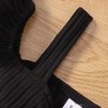 2pcs Baby Girl Black Ribbed Cold Shoulder Short-sleeve Crop Top and Plaid Flared Pants Set Black image 3