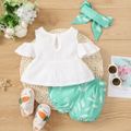 3pcs Baby Girl 100% Cotton Crepe Cold Shoulder Ruffle-sleeve Top and Allover Leaf Print Shorts with Headband Set White