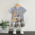 2pcs Toddler Boy Playful Animal Vehicle Print Tee and Plaid Shorts Set Grey