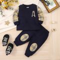 2pcs Baby Boy Letter Embroidered Spliced Plaid Long-sleeve Sweatshirt and Patch Detail Sweatpants Set Tibetanblue