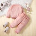 2pcs Baby Girl Fox Ears Design Embroidered Fleece Long-sleeve Pullover and Pants Set Pink image 3