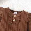 2pcs Baby Girl Solid Cable Knit Ruffle Trim Long-sleeve Romper and Button Front Mini Skirt Set Brown image 3