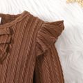 2pcs Baby Girl Solid Cable Knit Ruffle Trim Long-sleeve Romper and Button Front Mini Skirt Set Brown image 4