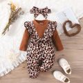 2pcs Baby Girl Leopard Print Ruffle Trim Bow Decor Spliced Solid Ribbed Long-sleeve Jumpsuit with Headband Set Brown image 1