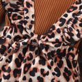 2pcs Baby Girl Leopard Print Ruffle Trim Bow Decor Spliced Solid Ribbed Long-sleeve Jumpsuit with Headband Set Brown image 5