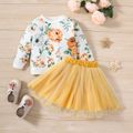 2pcs Baby Girl Long-sleeve Allover Floral Print Sweatshirt and Mesh Skirt Set Yellow image 1