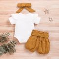 3pcs Baby Girl 95% Cotton Ruffle Short-sleeve Letter Print Romper and Dots/Floral Print Shorts with Headband Set White image 5