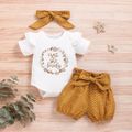 3pcs Baby Girl 95% Cotton Ruffle Short-sleeve Letter Print Romper and Dots/Floral Print Shorts with Headband Set White image 1