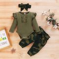 3pcs Baby Girl 95% Cotton Ribbed Ruffle Long-sleeve Romper and Camo Print Pants with Headband Set Army green image 1